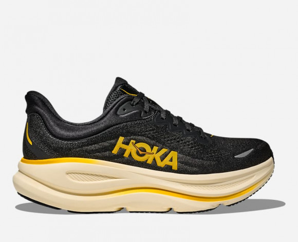 HOKA Men's Bondi 9 Road Running Shoes in Carbon Black/Yellow Gold - 1162011-CWG
