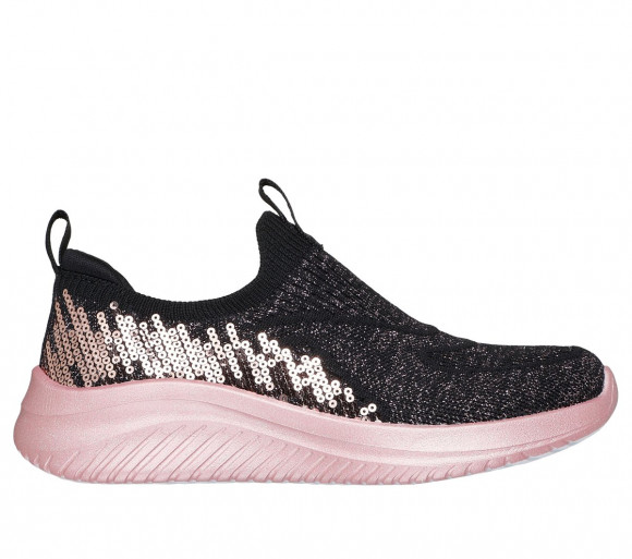Skechers Girls Ultra Flex 3.0 - Sequin Star Slip-On Shoes in Black/Rose Gold | Textile - 303847L