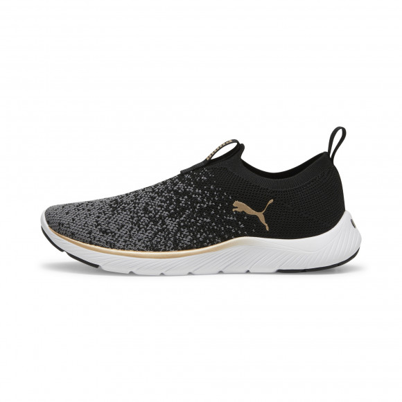 PUMA Softride Remi Slip-On Knit Women's Running Shoes in Black/Gold/Cool Dark Grey - 309834_01