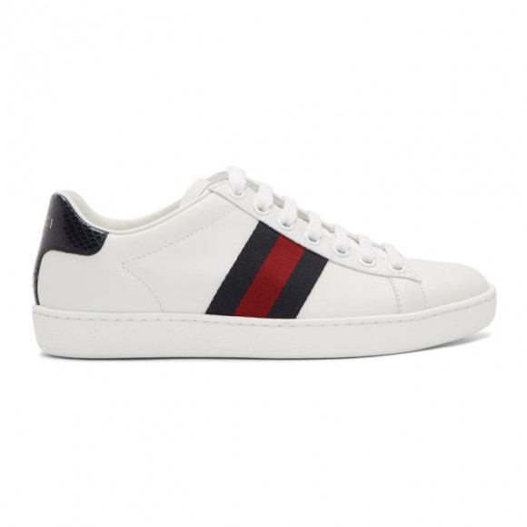 Gucci White and Navy Snake Ace Sneakers 