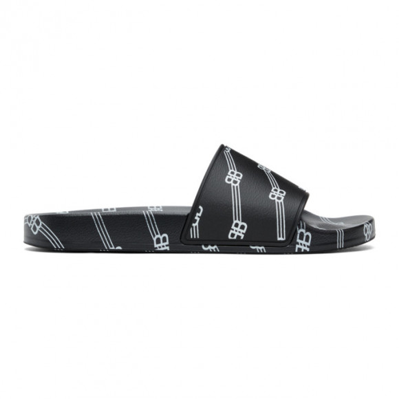 Balenciaga Black and White Rubber All Over Logo Pool Slides - 590930-W2BG0-1090