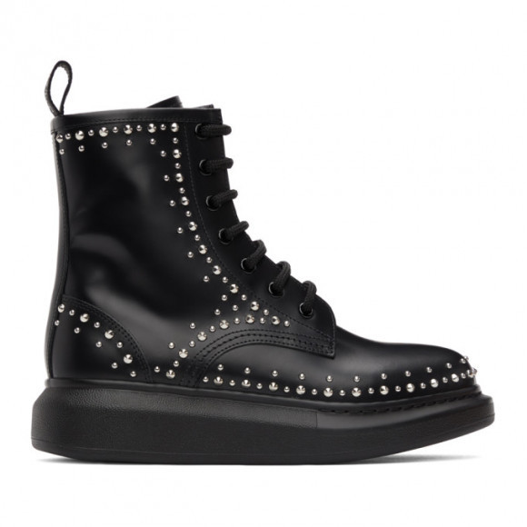 Alexander McQueen Black Leather Studded Lace-Up Boots - 650802-WHX59
