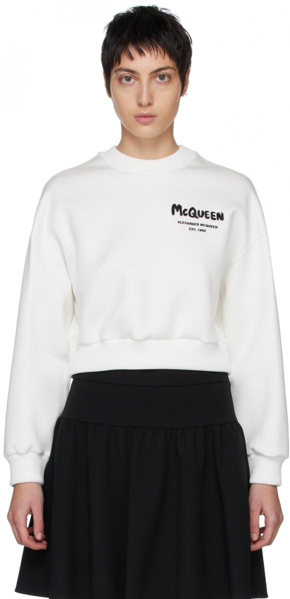 Alexander McQueen White Graffiti Cropped Sweatshirt - 686818QLAA8