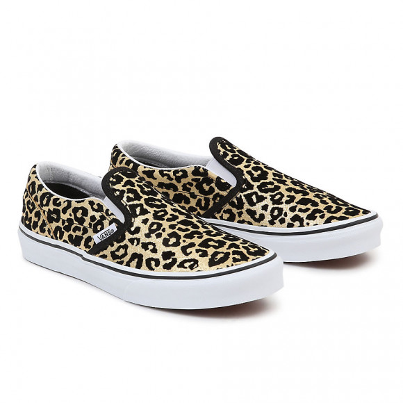 VANS Youth Flocked Leopard Classic Slip-on Shoes (8-14 Years) ((flocked Leopard) Black/true White) Youth Gold, Size 3 - VN0A4UH8ABS