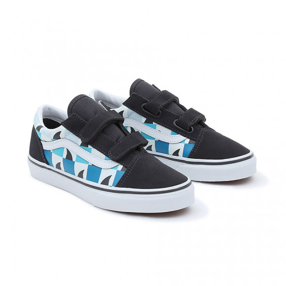 VANS Youth Glow Checkerboard Sharks Old Skool Velcro Shoes (8-14 Years) ((glow Checkerboard Sharks) Asphalt/true White) Youth Blue - VN0A4UI1AC3
