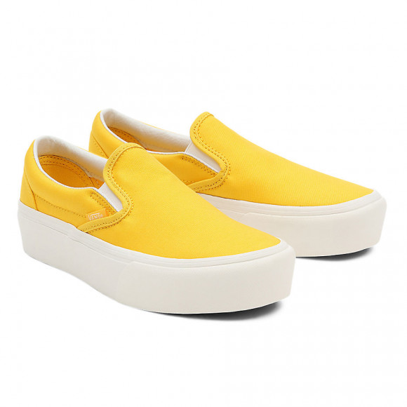 VANS Twill Classic Slip-on Platform Shoes ((twill) Freesia/blanc De Blanc) Women Yellow - VN0A5KXBB10