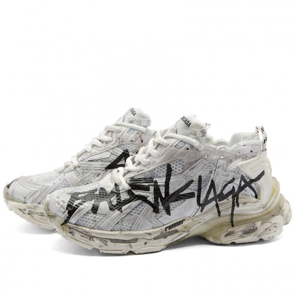 Men's Balenciaga Graffiti Runner Sneakers in White/Black | Size: UK 6 | Mesh/Rubber/Synthetic | END Clothing - shopify_US_11109126930770